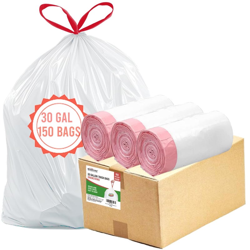 BEIDOU-PAC 30 Gallon Trash Bags Drawstring, 150 Count, White | Unscented | Heavy Duty Multi-purpose Garbage Bags Can Liners for Business Home Kitchen Commercial and Industrial - Image 1